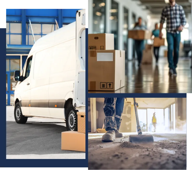 Camion de transport, cartons de livraison et nettoyage de chantier en cours.